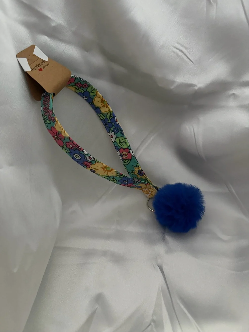 Handmade Multi-Color Floral Wristlet Keychain with Navy Blue Pompom
